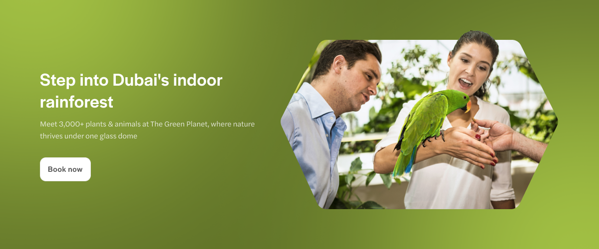 Visitors interacting with a parrot at The Green Planet Dubai indoor rainforest.